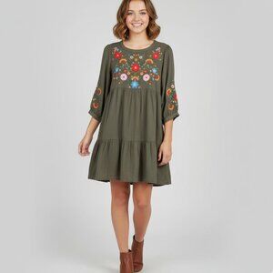 Savanna Jane Boho Embroidered Short Dress 3/4 Sleeves Smoke Gray Cottagecore M